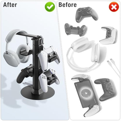 Gaming Controller & Headset Holder Stand for Desk, with Charger Cable Organizer Headphone Stand for PS5/ Xbox/ PS4/ Switch, Metal Base Controller Hook for Storage with 360° Rotatable Hanger- 2 Tiers - size: 2 Tiers