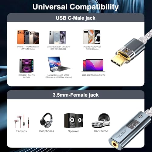 USB C to 3.5mm Audio Adapter Equipped with Dual DAC Chip CX31993&MAX97220, Audio Dongle with HiFi Amplifier, USB C to 3.5mm Headphone Aux Converter & USB A Adapter for Android iPhone iPad PC Mac - color: Grey
