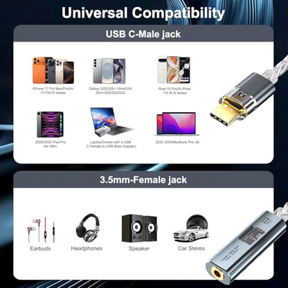 USB C to 3.5mm Audio Adapter Equipped with Dual DAC Chip CX31993&MAX97220, Audio Dongle with HiFi Amplifier, USB C to 3.5mm Headphone Aux Converter & USB A Adapter for Android iPhone iPad PC Mac - color: Grey
