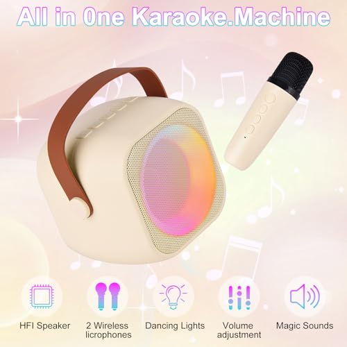 Karaoke Machine for Kids Adults, Mini Portable Bluetooth Karaoke Speaker with 2 Wireless Microphone and Lights,Toys for All Smartphones,Birthday, Family,Home Party Beige