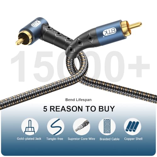 EMK RCA Subwoofer Cable 90 Degree RCA to RCA Audio Cable 24K Gold-Plated Nylon Braided Double Shielded Digital Analogue Supports Amplifiers,Home Theater,Hi-Fi Systems,Subwoofer(10ft/3m) - size: 10ft/3m, style: 90 Design RCA to RCA