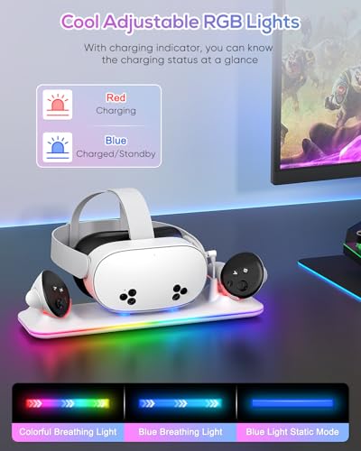18W VR Charging Dock for Meta Quest 3S/Quest 3 Headset & Controller | Fast Magnetic VR Charging Station Stand for Oculus 3S/3 Accessories, RGB Light, 2 Rechargeable Batteries & Controller Covers - color: White