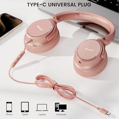 USB C Wired Over-Ear Headphones with Microphone | Volume Control, Share Port, Adjustable Headband Foldable Stereo Headset for Adult/Teens for iPhone 16, Laptop, Gaming, Travel - color: New Rose Gold