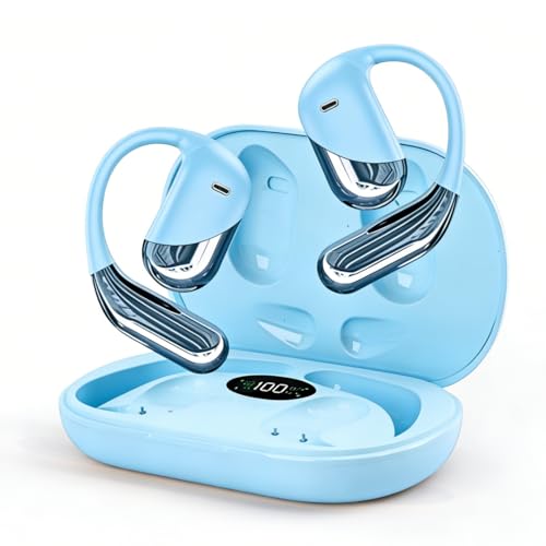 Open Ear Wireless Earbuds Headphones, Bluetooth Built-in Mic,Waterproof, LED Display Charging Case,on Ear Hooks Clip Ear Buds，Ultra-Comfort Earphones Design for Walking/Running/Sport - color: blue‌green721