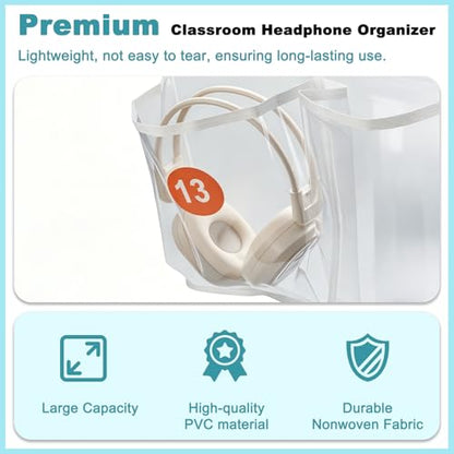 2 Pack Clear PVC Classroom Headphone Storage Organizer - 30 Pocket Over-the-Door Hanging Holder Bag for Headphones/Cell Phones, Includes 62 Labels