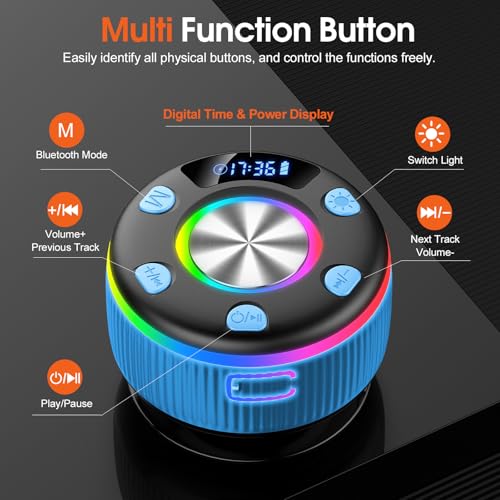 Bluetooth Shower Speaker, Portable Bluetooth 5.3 Speakers Wireless with Time Display, IP7 Waterproof Speakers with RGB Light, Suction Cup, Mini Stereo Speaker for Bathroom Party Beach Outdoor, Blue - color: Sky Blue