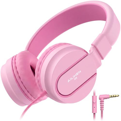 AILIHEN I35 Kids Headphones for School with Mic, 93dB Volume, Rose Pink | Wired On Ear Headphones for Kids Girls, Foldable Lightweight Headphone for Classroom Learning & Entertainment Travel Computer - color: Rose Pink