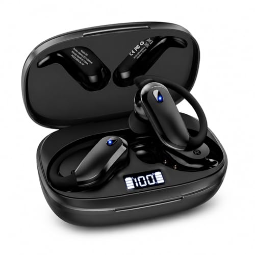 Wireless Earbuds Bluetooth Headphones with Earhooks, IPX7 Waterproof, Hi-Fi Stereo, 48H Playtime, LED Power Display Charging Case, for Running, Workout, Gym