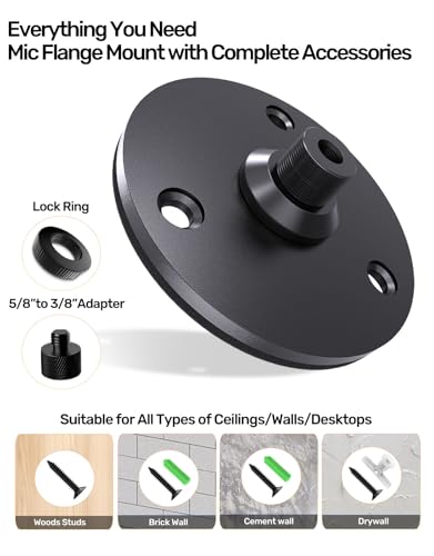 Gooseneck Mic Flange Mount with Anti-Slip Pad, 5/8 Male Thread, Metal Base | Compact Design for Church/Podium/Studio/Podcast/Lecture/Broadcast/Streaming, Sturdy Metal/Non-Slip Pad, With 5/8-3/8 Adapter