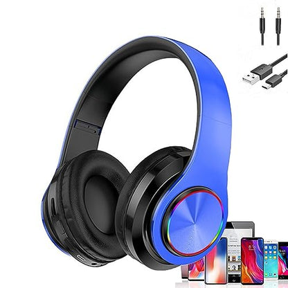LED Bluetooth Over-Ear Headphones Blue w/ Mic HiFi Foldable Wired Wireless | Colorful LED Over-Ear Bluetooth Headphones Blue, HiFi Stereo with Mic, Foldable Wired Wireless for Gaming Classroom Gift - color: Blue