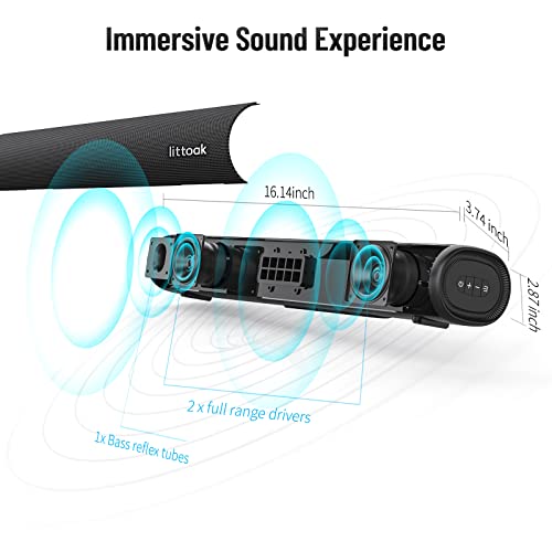 LITTOAK Sound Bar for TV, BT 5.0 Soundbar, 50 Watt 16 Inch Soundbars for Home Audio, Gaming, Projectors, TV Speakers Supports HDMI ARC/Optical/RCA/USB/AUX in and Sub Out Connection, Wall Mountable