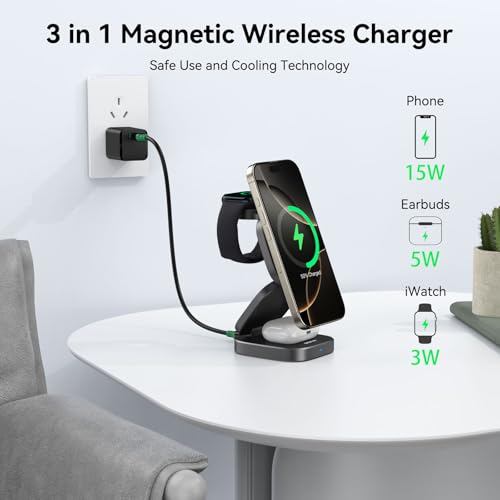 Wireless Charging Station for Multiple Devices, 3 in 1 Travel Charger Dock, Foldable Magnetic Stand Compatible with MagSafe Qi2, iPhone 17 16 15 14 13 12 Air, Apple Watch Series & Air pods 4 3 2 Pro
