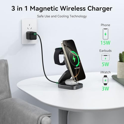 Wireless Charging Station for Multiple Devices, 3 in 1 Travel Charger Dock, Foldable Magnetic Stand Compatible with MagSafe Qi2, iPhone 17 16 15 14 13 12 Air, Apple Watch Series & Air pods 4 3 2 Pro