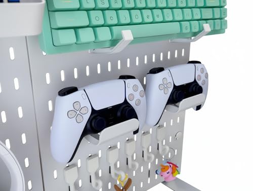 Gaming Desk Organizer, No-Drill Freestanding Desk Pegboard with Headphone Stand, Controller Holder, Keyboard Stand & Shelves, 5-in-1 Gaming Setup Accessories for Dorm Room & Home Office, White