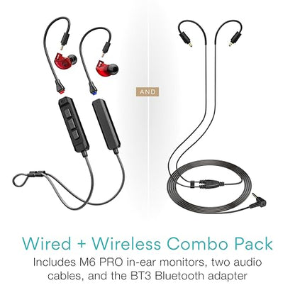MEE audio M6 PRO Musicians' in-Ear Monitors Wired + Wireless Combo Pack: Includes IEMs, 2 Audio Cables and BT3 Hi-Res Bluetooth Audio Adapter w/aptX, LDAC, Auracast Support, & Built-in Headset (Red) - color: Red, style: IEMs + Bluetooth Adapter