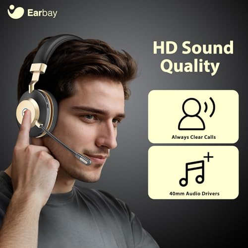Earbay Wireless Headset with Microphone, AI Noise Cancelling & Dongle | V5.3 Bluetooth Headset with Mute Microphone, Computer Headphones with Mic 45H Office/PC/Call Center/Laptop/Teams/Zoom