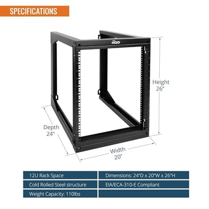 Tecmojo 12U Wall Mount Server Rack, Open Frame Network Rack for 19" Computer/AV/Data/IT/Media Equipment, 24" Depth, 16" Apart Mounting Holes, Swing Gate, Square and Tapped Holes - size: 12U/24" Depth (New)