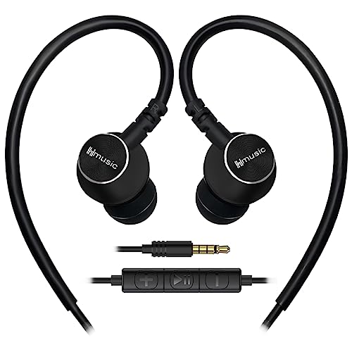Hmusic Sports Earbuds Wired with Microphone, 3.5 mm Plug Metal Shell Earplugs in-Ear Headphones with Over Ear Hook Earphones for Sports, Running, Workout, Exercising, Gym | Metal Shell Earbuds, with Microphone, Button-Control in-Ear Headphones for Sports,