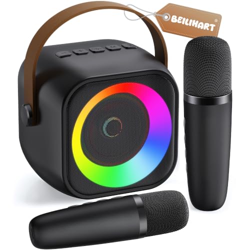 Mini Karaoke Machine, Portable Bluetooth Karaoke Speaker with 2 Wireless Microphones and Party Lights for Kids and Adults, Birthday Gifts for Girls Boys Family Home Party - color: Black