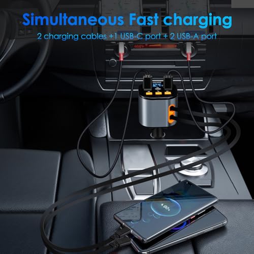 Retractable Car Charger,5 in 1 Fast Cars Phone Charger 90W,Bluetooth 5.3 FM Transmitter Adapter,Handsfree Call,2 Retractable Cables and USB Chargers for iPhone17/16 15/14/13 - color: Black