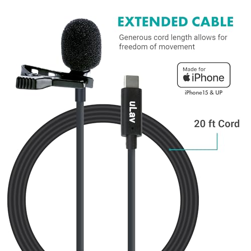 Movo uLav-L Digital Lavalier Omnidirectional Clip on Microphone with USB-C Connector Compatible with iPhone 15/16/17 and Up, iPad-Pro (20-Foot Cord) - style: Single Lav with 20-foot Cord