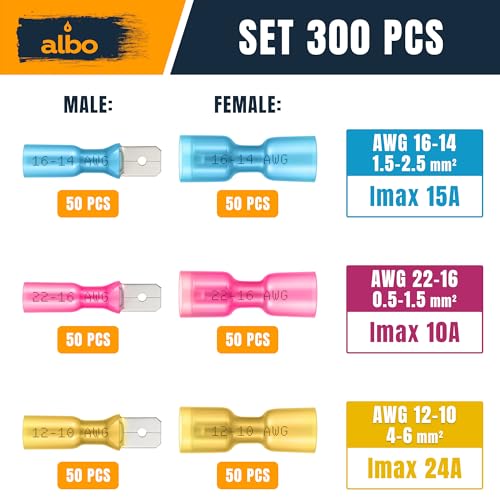 ALBO 300 Pcs Heat Shrink Male and Female Spade Connector Kit, 22-10 AWG | Matched Quick-Disconnect Pairs, Secure Fit Helps Prevent Loose and Exposed Wiring - color: Spade Set 300pcs 22-10 AWG
