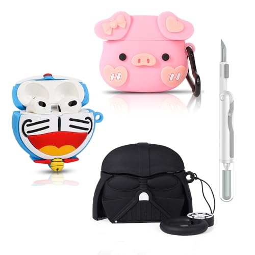 (3Pack+Cleaner Pen) XMBYGY Case for AirPods 3rd Generation Earbuds with Cleaning Pen Kit, Cute Cartoon Skin Design Silicone Charging Case Protective Covers for AirPods 3 (A+PG+BKSD) - color: A+PG+BKSD