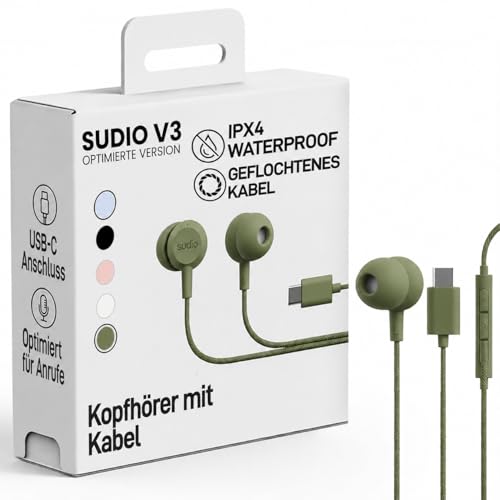Sudio V3 Essential Wired Earbuds | in Ear Headphones with Cable and USB-C Connector | Tangle-Resistant Braided Cable | Built-in Microphone | IPX4 Water Resistant | No Charging Needed | (Green) - color: Green