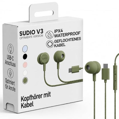 Sudio V3 Essential Wired Earbuds | in Ear Headphones with Cable and USB-C Connector | Tangle-Resistant Braided Cable | Built-in Microphone | IPX4 Water Resistant | No Charging Needed | (Green) - color: Green