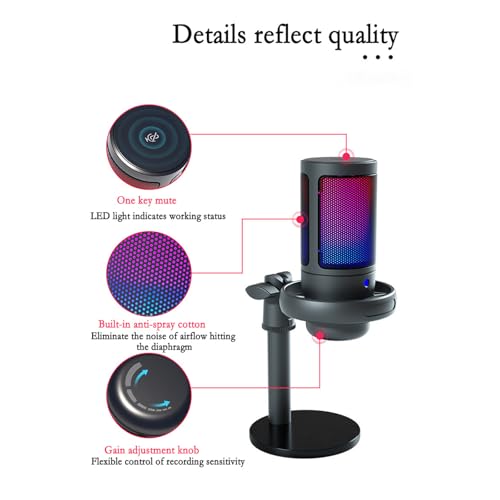 USB Microphone for PC Gaming Color Lighting Mic Mute Button Condenser with Knob Solid Base - color: Pinker