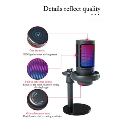 USB Microphone for PC Gaming Color Lighting Mic Mute Button Condenser with Knob Solid Base - color: Pinker