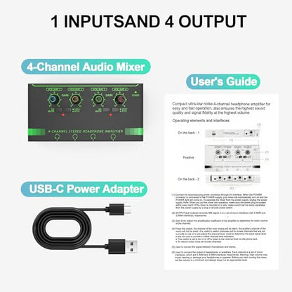 HOSONGIN 4 Channel Headphone Amplifier, Portable Mini Earphone Splitter with Independent Volume Control, Low Noise Stereo Output, Compatible with 1/4" & 1/8" TS/TRS, Ideal for Studio Stage