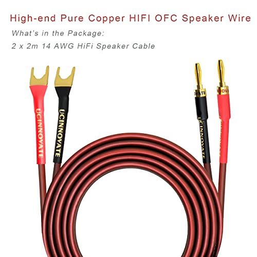 UCINNOVATE 2 Pack HiFi OFC Speaker Cable with Banana Plug to Jumper Spade, Banana Plug to U Fork Plug 14AWG Speaker Wire Cord Jumper Bridge Cable for Speaker Amplifier (6.56FT) - style: 2x 2m OFC Speaker Cables