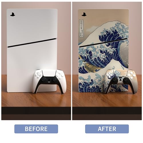 PlayVital Full Set Skin Sticker for ps5 Slim Console Disc Edition (The New Smaller Design), Vinyl Skin Decal Cover for ps5 Controller & Headset & Charging Station & Media Remote - The Great Wave - color: The Great Wave