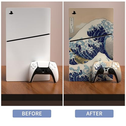 PlayVital Full Set Skin Sticker for ps5 Slim Console Disc Edition (The New Smaller Design), Vinyl Skin Decal Cover for ps5 Controller & Headset & Charging Station & Media Remote - The Great Wave - color: The Great Wave