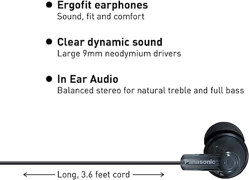 Panasonic ErgoFit Wired Earbuds, In-Ear Headphones with Dynamic Crystal-Clear Sound and Ergonomic Custom-Fit Earpieces (S/M/L), 3.5mm Jack for Phones and Laptops, No Mic - RP-HJE120-K (Black) - color: Black, size: S/M/L, style: No Mic