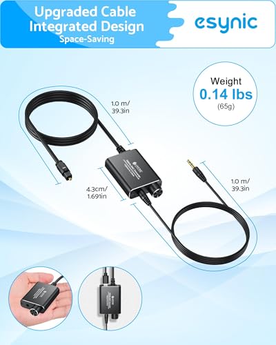 eSynic Portable Optical to 3.5mm/Aux Adapter-7 FT Long-192KHz DAC Converter-Metal Shell-Built in Amplifier Chip-Easy to Setup- from HDTV/Blu-Ray/Gaming Console to 3.5MM Audio Speaker & Headphone