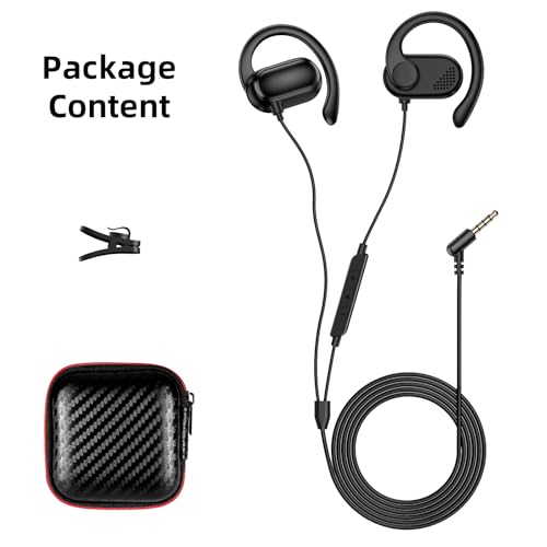 Open Ear Wired Earbuds 3.5mm Headphone with Mic Right Angled Ear Hook Black | In Line Control Hifi Stereo AUX 3.5mm Jack Sport Corded Earphone for iPod CD Player Android Phone Travel Airplane Work School