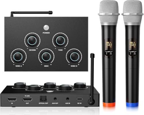 Wireless Karaoke Microphone System, Microphone Mixer Dual Handheld Wireless Microphones, HDMI & AUX in/Out, Optical Out, 100ft Range, Karaoke Mic for TV, Speakers, Singing, Church & Wedding-Black | Microphone Mixer, HDMI & AUX In/Out, Optical Out, 100ft R