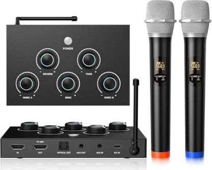Wireless Karaoke Microphone System, Microphone Mixer Dual Handheld Wireless Microphones, HDMI & AUX in/Out, Optical Out, 100ft Range, Karaoke Mic for TV, Speakers, Singing, Church & Wedding-Black | Microphone Mixer, HDMI & AUX In/Out, Optical Out, 100ft R