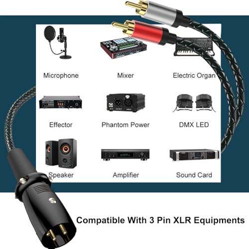 XLR to Dual RCA HiFi Audio Cable 16.4ft, Right Angle XLR 3 Pin Male Microphone to 2 Phono RCA Male Plug Adapter Connector Y Splitter Patch Cable - size: 16.4ft