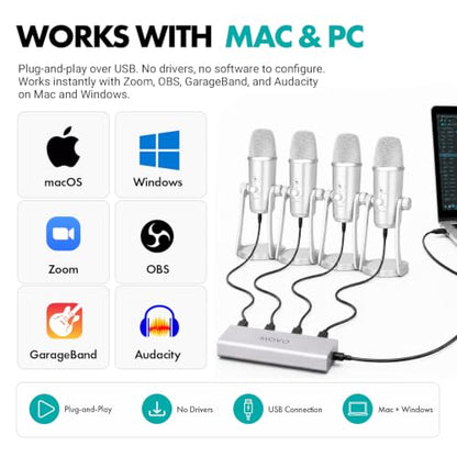 Movo 4-Person USB Podcast Equipment Bundle – 4 Condenser Mics, Hub & Case - color: Silver