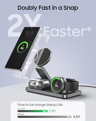 3 in 1 Foldable Magnetic Wireless Charging Station for Samsung, Wireless Charger Stand for Galaxy S26 Ultra S25/S24 /Note 20/Flip 7/Fold 7, for Galaxy Watch Ultra/8/7/6,Galaxy Buds 3/3 Pro - color: Black
