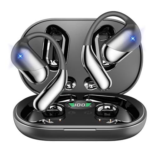 Open Ear Clip Wireless Earbuds Bone Conduction Headphones, Bluetooth Built-in Mic, Waterproof, LED Display Charging Case,Ear Hooks Ear Buds, Ultra-Comfort Design for Running/walking/office/workout - color: black classic