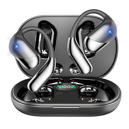 Open Ear Clip Wireless Earbuds Bone Conduction Headphones, Bluetooth Built-in Mic, Waterproof, LED Display Charging Case,Ear Hooks Ear Buds, Ultra-Comfort Design for Running/walking/office/workout - color: black classic
