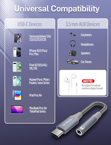 JIUWFOX USB C to 3.5mm Headphone Jack Adapter, (2Pack) USB-C to Aux Audio Dongle Adapter Cord Compatible with iPhone 17/17 Pro/17 Pro Max/16 Pro/16 Pro Max, Galaxy S25 S24 S23 A56 A55 A17 A16