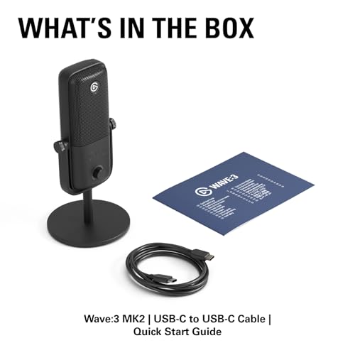 Elgato Wave:3 MK.2 USB Condenser Microphone, DSP Effects | Clipguard 2.0 protection, Auto Gain calibration, Onboard voice enhancer, compressor, EQ, Multifunction dial, USB-C - color: Black