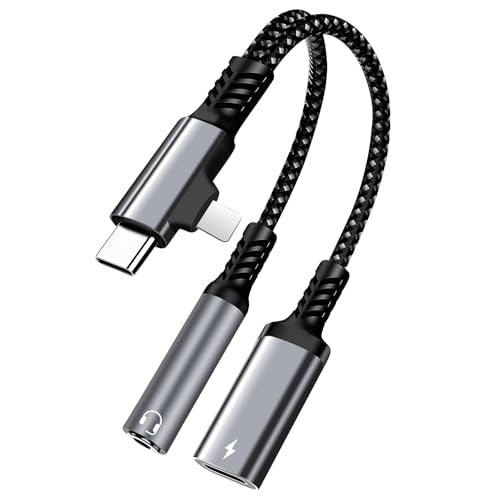 2 in 1 Lightning & USB C to 3.5mm Headphone Adapter - Fast Charger Compatible with Galaxy S22, iPad Pro, Pixel, iPhone 14/13/12/11/X - color: silver