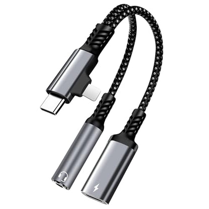 2 in 1 Lightning & USB C to 3.5mm Headphone Adapter - Fast Charger Compatible with Galaxy S22, iPad Pro, Pixel, iPhone 14/13/12/11/X - color: silver