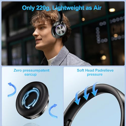 Noise Cancelling Over Ear Wireless Bluetooth Headphones with Microphone, 65h Playtime, Clear Calls, Comfort Fit for Travel (Black) - color: Black